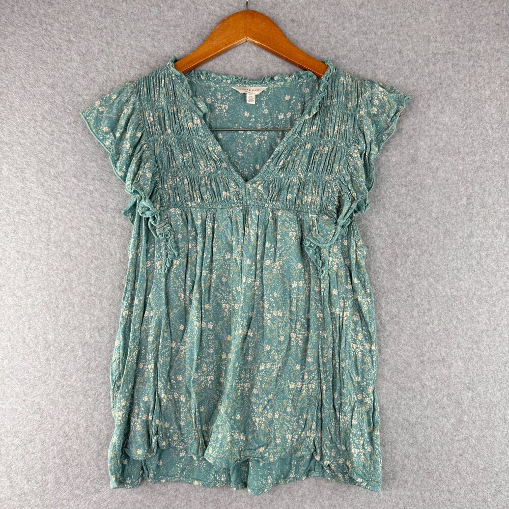 Lucky Brand Green Ditsy Floral Smocked V-Neck Top Ruffled Sleeve Hem Boho Size S